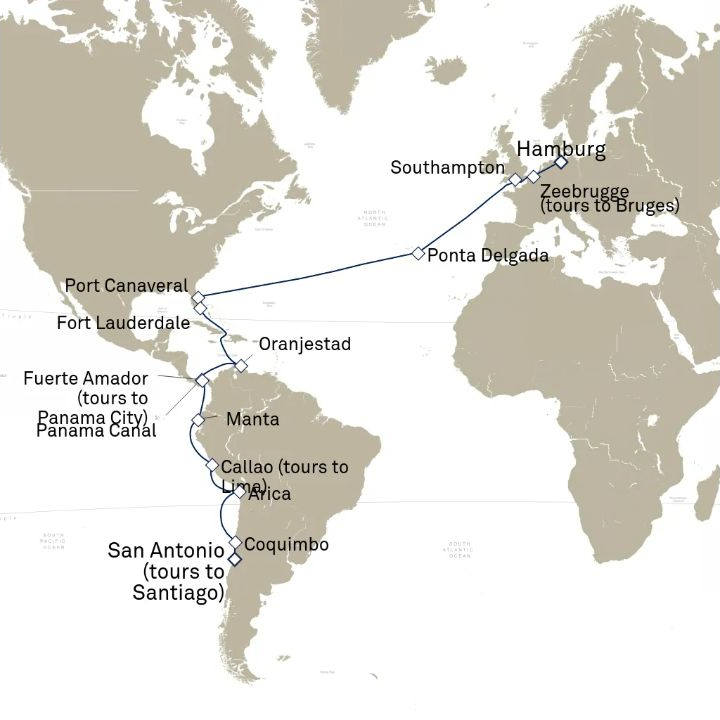 Queen Anne Voyage H706B itinerary map from San Antonio (tours to Santiago), Chile to Hamburg, Germany