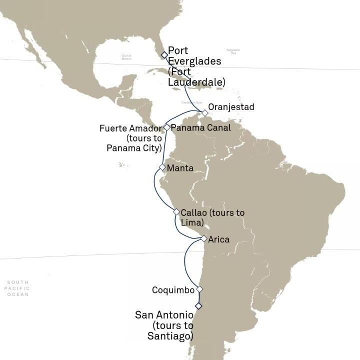Queen Anne Voyage H706 itinerary map from San Antonio (tours to Santiago), Chile to Fort Lauderdale, FL, USA