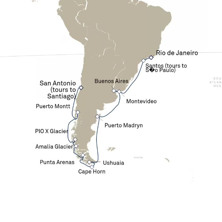 Queen Anne Voyage H705 itinerary map from Rio de Janeiro, Brazil to San Antonio (tours to Santiago), Chile