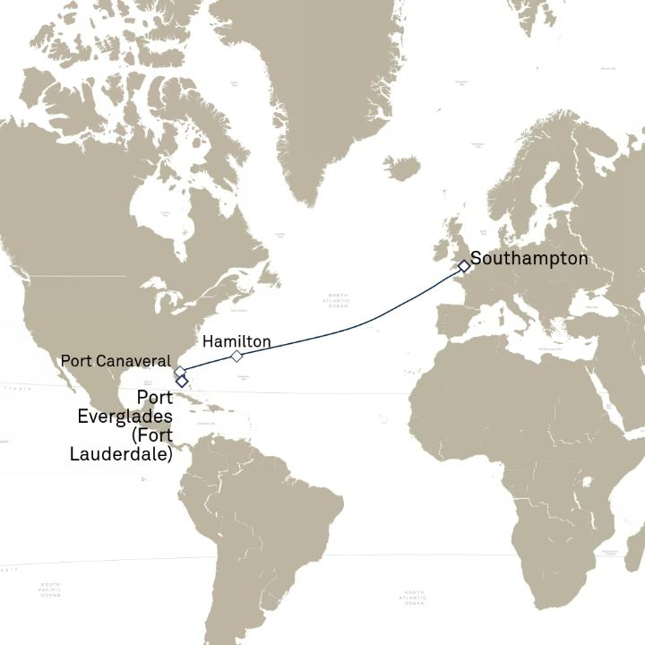 Queen Anne Voyage H703 itinerary map from Southampton, England, UK to Fort Lauderdale, FL, USA