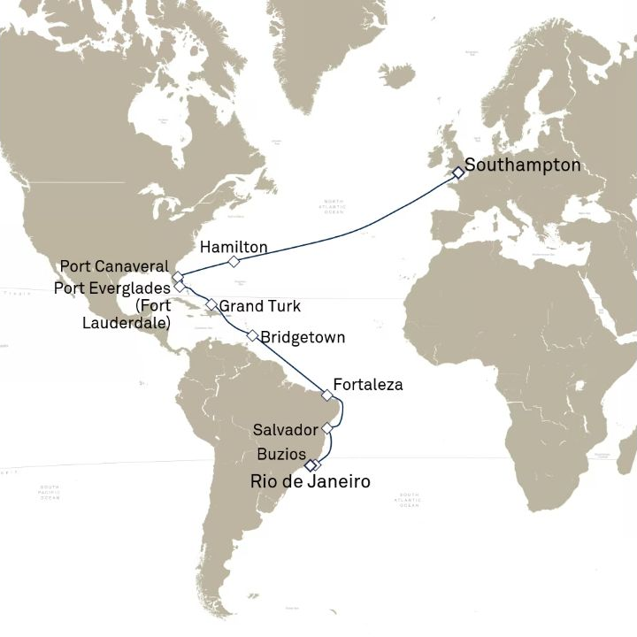 Queen Anne Voyage H703A itinerary map from Southampton, England, UK to Rio de Janeiro, Brazil