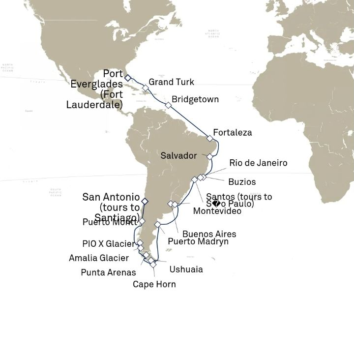 Queen Anne Voyage H704A itinerary map from Fort Lauderdale, FL, USA to San Antonio (tours to Santiago), Chile