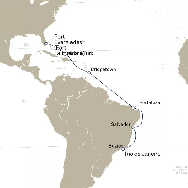 Queen Anne Voyage H704 itinerary map from Fort Lauderdale, FL, USA to Rio de Janeiro, Brazil