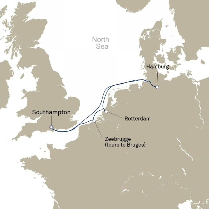 Queen Anne Voyage H702 itinerary map from Southampton, England, UK to Southampton, England, UK