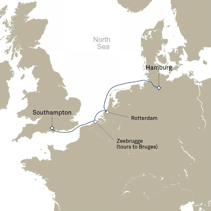 Queen Anne Voyage H702B itinerary map from Hamburg, Germany to Southampton, England, UK