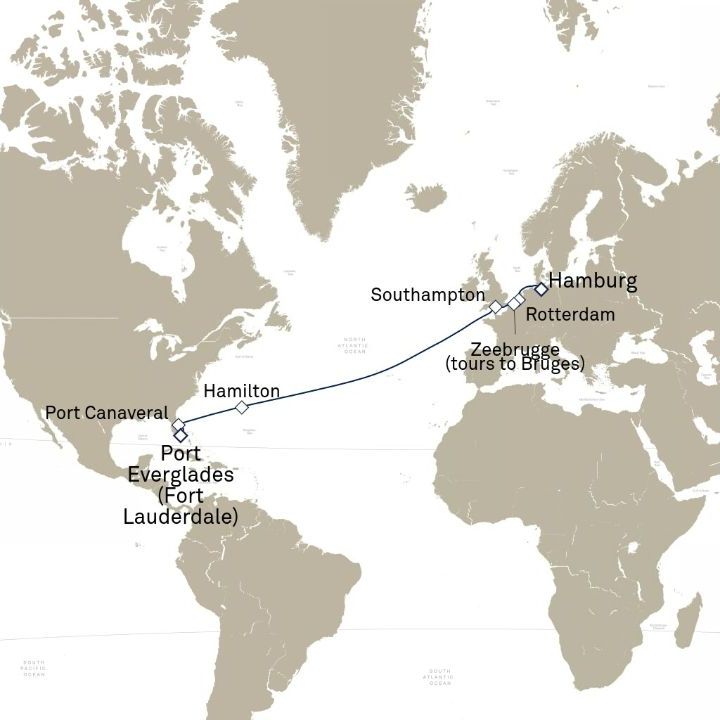 Queen Anne Voyage H702C itinerary map from Hamburg, Germany to Fort Lauderdale, FL, USA