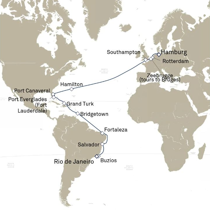 Queen Anne Voyage H702D itinerary map from Hamburg, Germany to Rio de Janeiro, Brazil