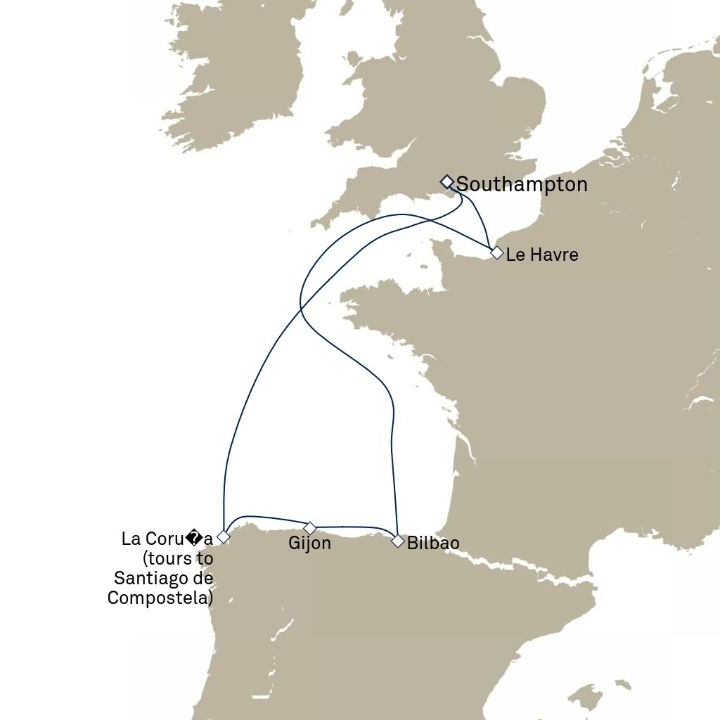 Queen Anne Voyage H719N itinerary map from Southampton, England, UK to Southampton, England, UK