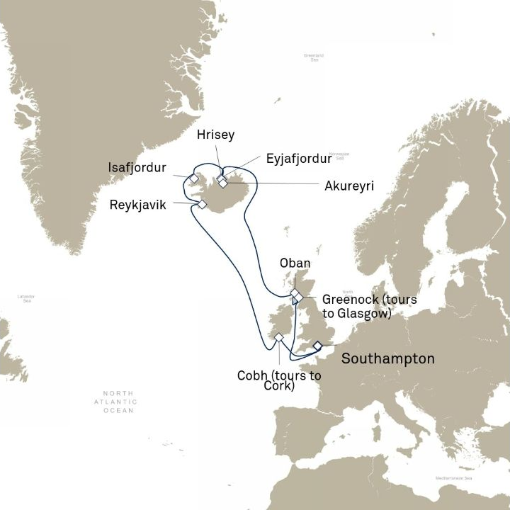 Queen Anne Voyage H719 itinerary map from Southampton, England, UK to Southampton, England, UK