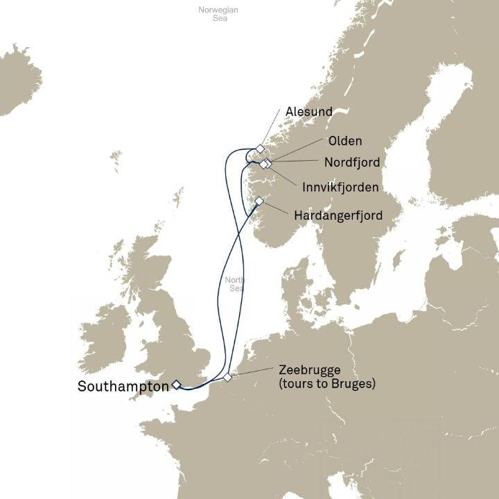 Queen Anne Voyage H719P itinerary map from Southampton, England, UK to Southampton, England, UK