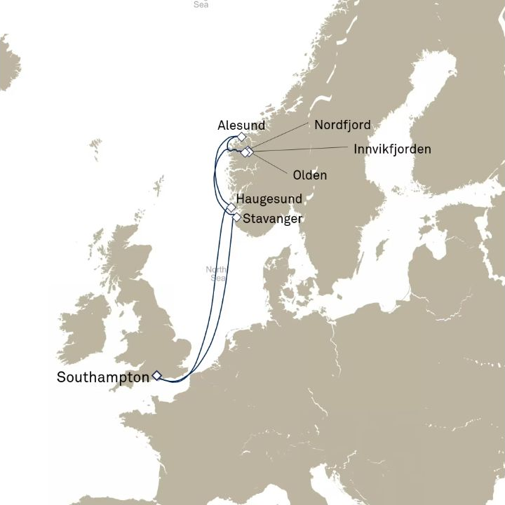 Queen Anne Voyage H720 itinerary map from Southampton, England, UK to Southampton, England, UK
