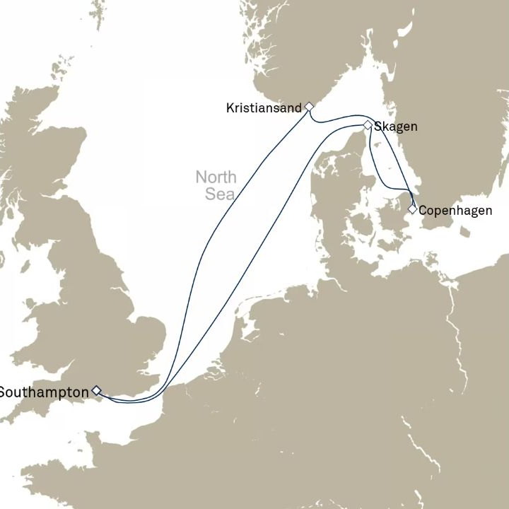 Queen Anne Voyage H718P itinerary map from Southampton, England, UK to Southampton, England, UK