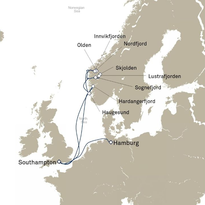 Queen Anne Voyage H716D itinerary map from Hamburg, Germany to Southampton, England, UK