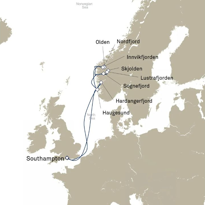 Queen Anne Voyage H717 itinerary map from Southampton, England, UK to Southampton, England, UK