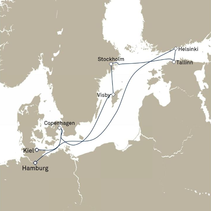Queen Anne Voyage H716B itinerary map from Kiel, Germany to Hamburg, Germany