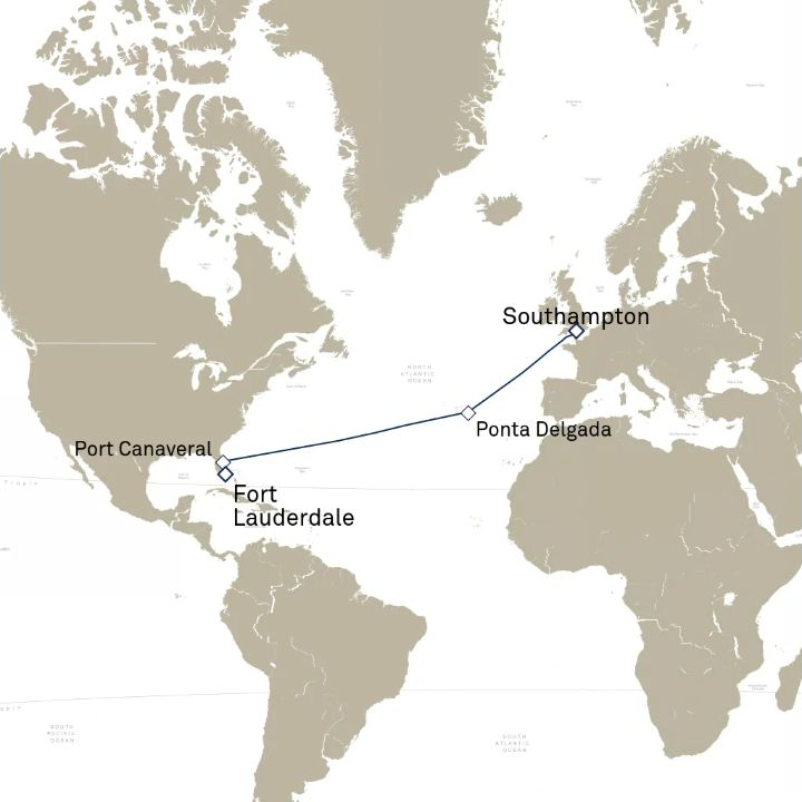 Queen Anne Voyage H707 itinerary map from Fort Lauderdale, FL, USA to Southampton, England, UK