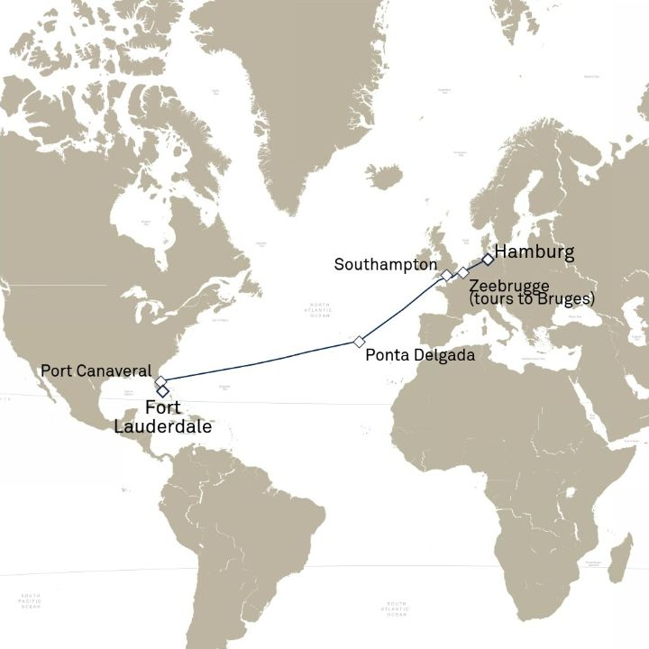 Queen Anne Voyage H707A itinerary map from Fort Lauderdale, FL, USA to Hamburg, Germany