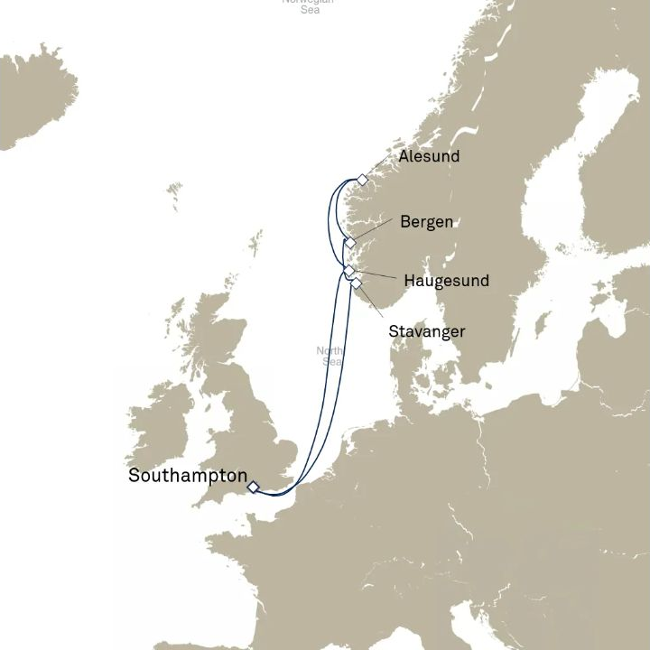 Queen Anne Voyage H712 itinerary map from Southampton, England, UK to Southampton, England, UK
