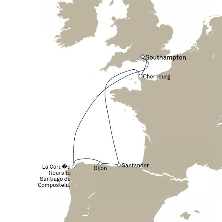 Queen Anne Voyage H715 itinerary map from Southampton, England, UK to Southampton, England, UK