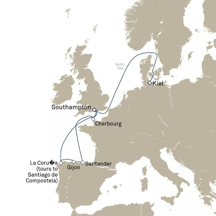 Queen Anne Voyage H715A itinerary map from Southampton, England, UK to Kiel, Germany