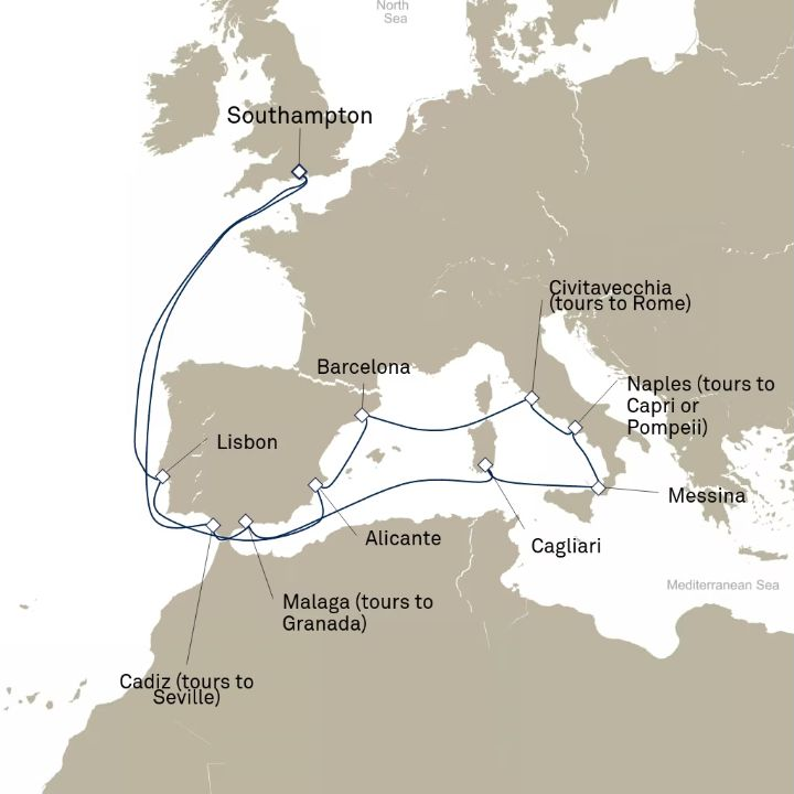 Queen Anne Voyage H713 itinerary map from Southampton, England, UK to Southampton, England, UK