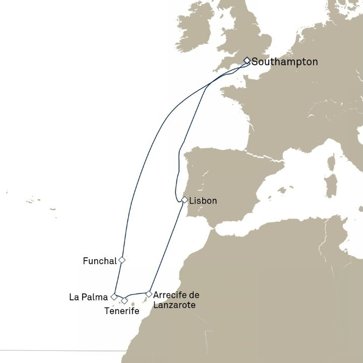 Queen Anne Voyage H732 itinerary map from Southampton, England, UK to Southampton, England, UK