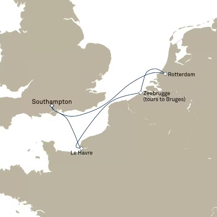 Queen Anne Voyage H733 itinerary map from Southampton, England, UK to Southampton, England, UK
