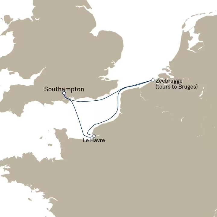 Queen Anne Voyage H726Q itinerary map from Southampton, England, UK to Southampton, England, UK
