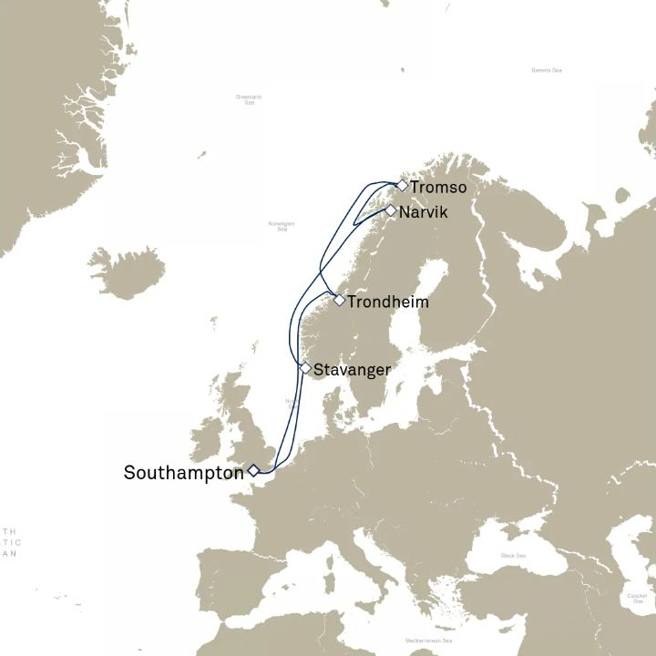 Queen Anne Voyage H728 itinerary map from Southampton, England, UK to Southampton, England, UK