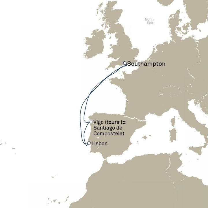 Queen Anne Voyage H729 itinerary map from Southampton, England, UK to Southampton, England, UK