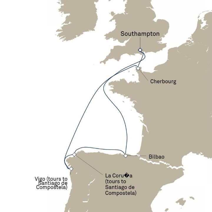 Queen Anne Voyage H727N itinerary map from Southampton, England, UK to Southampton, England, UK