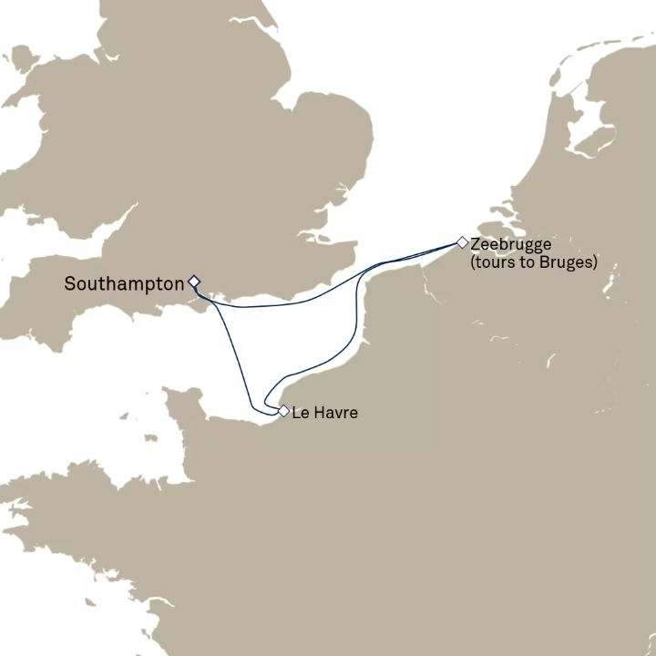 Queen Anne Voyage H725P itinerary map from Southampton, England, UK to Southampton, England, UK