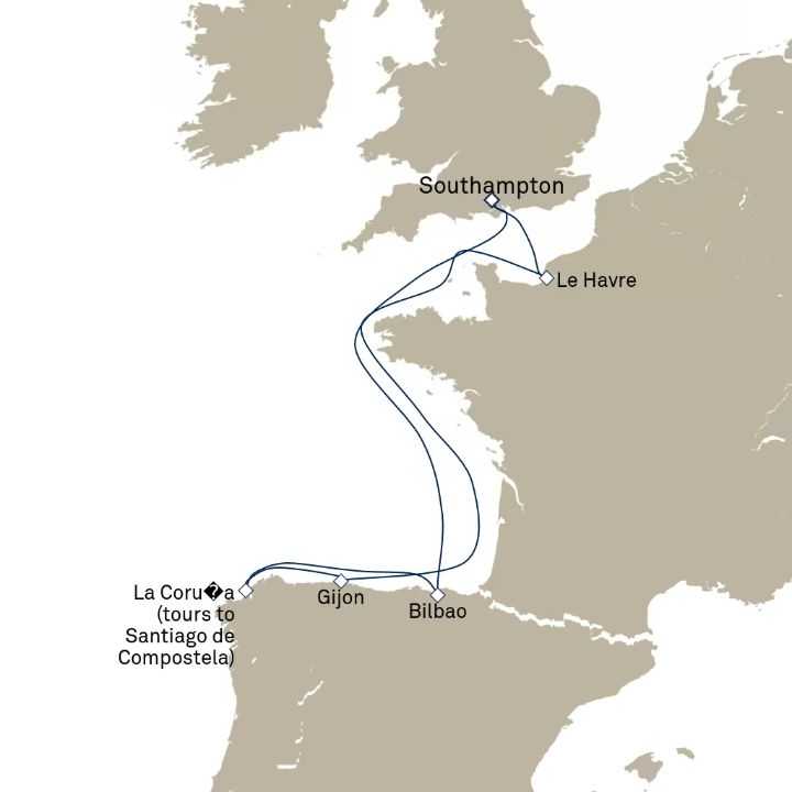 Queen Anne Voyage H726N itinerary map from Southampton, England, UK to Southampton, England, UK