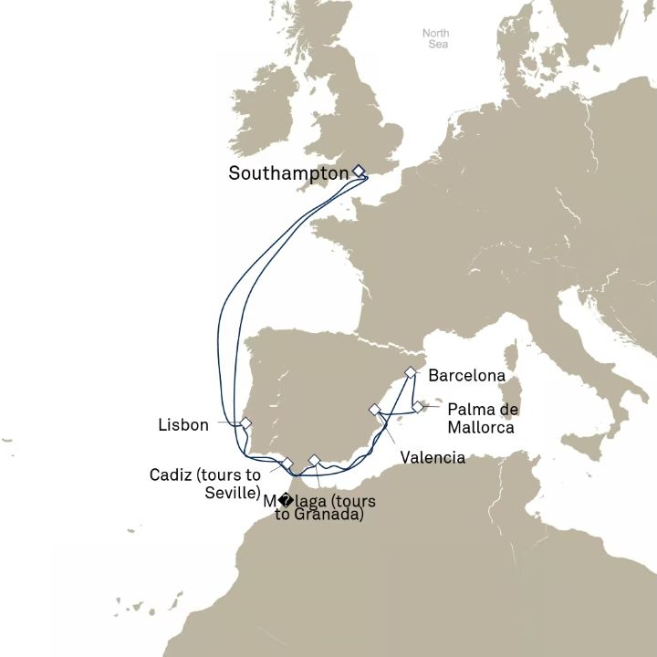 Queen Anne Voyage H726 itinerary map from Southampton, England, UK to Southampton, England, UK
