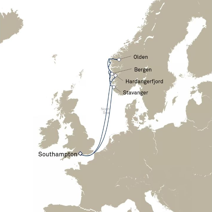 Queen Anne Voyage H725N itinerary map from Southampton, England, UK to Southampton, England, UK
