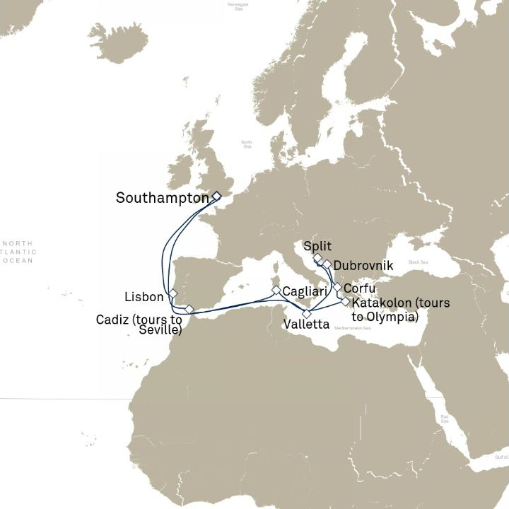 Queen Anne Voyage H725 itinerary map from Southampton, England, UK to Southampton, England, UK