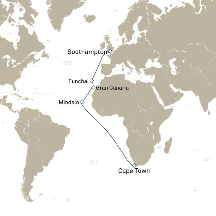 Queen Anne Voyage H808 itinerary map from Cape Town, South Africa to Southampton, England, UK