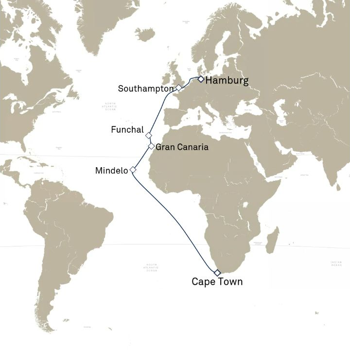 Queen Anne Voyage H808A itinerary map from Cape Town, South Africa to Hamburg, Germany