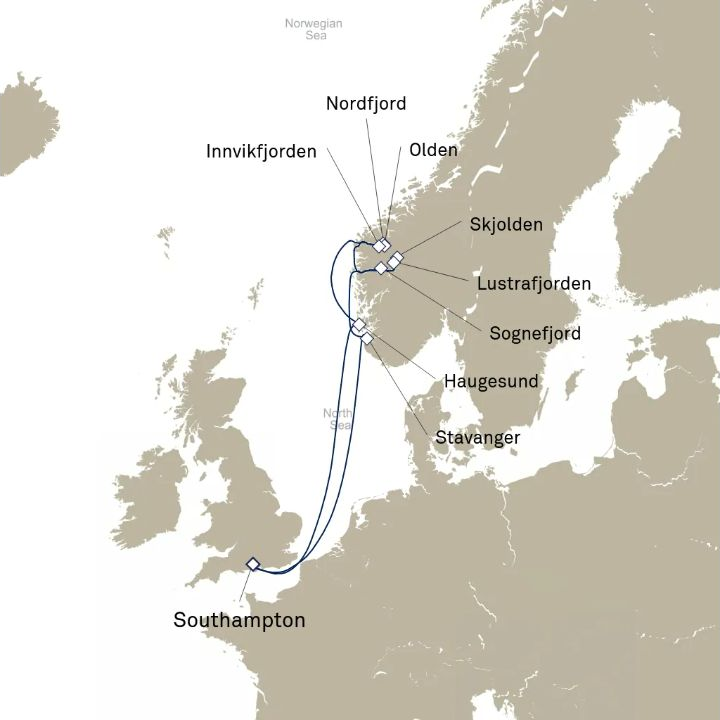 Queen Anne Voyage H824 itinerary map from Southampton, England, UK to Southampton, England, UK