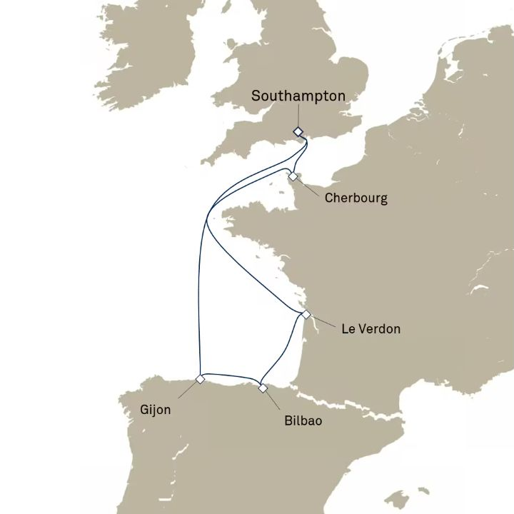 Queen Anne Voyage H825 itinerary map from Southampton, England, UK to Southampton, England, UK
