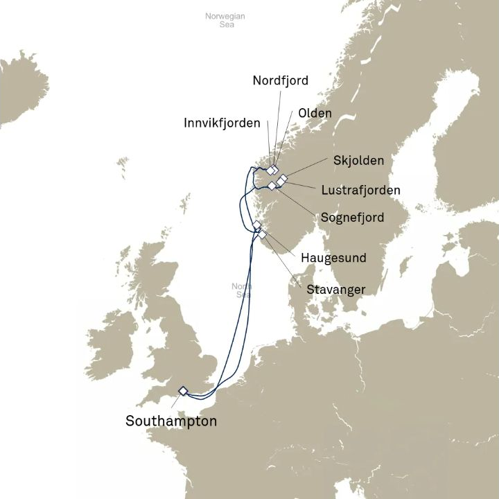 Queen Anne Voyage H826 itinerary map from Southampton, England, UK to Southampton, England, UK