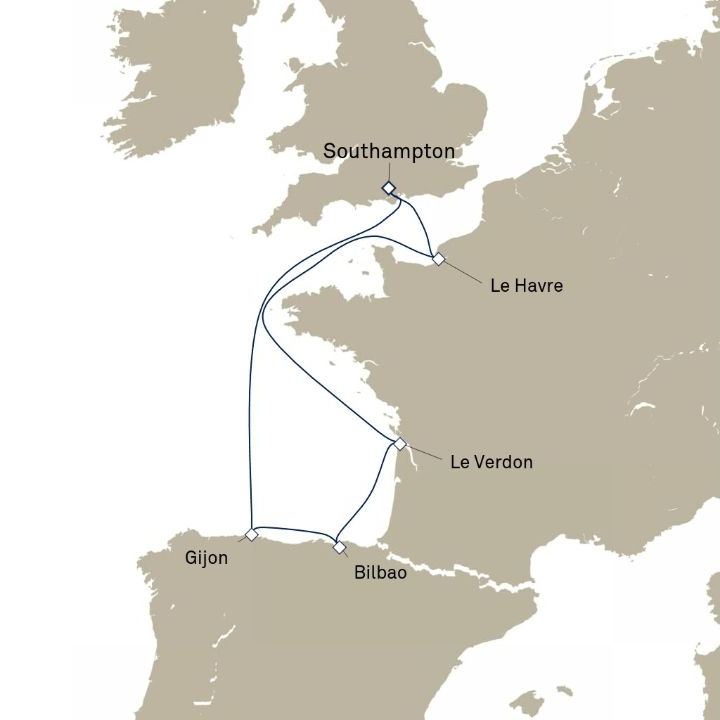 Queen Anne Voyage H823 itinerary map from Southampton, England, UK to Southampton, England, UK