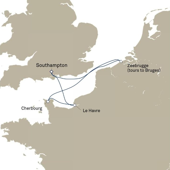 Queen Anne Voyage H839 itinerary map from Southampton, England, UK to Southampton, England, UK