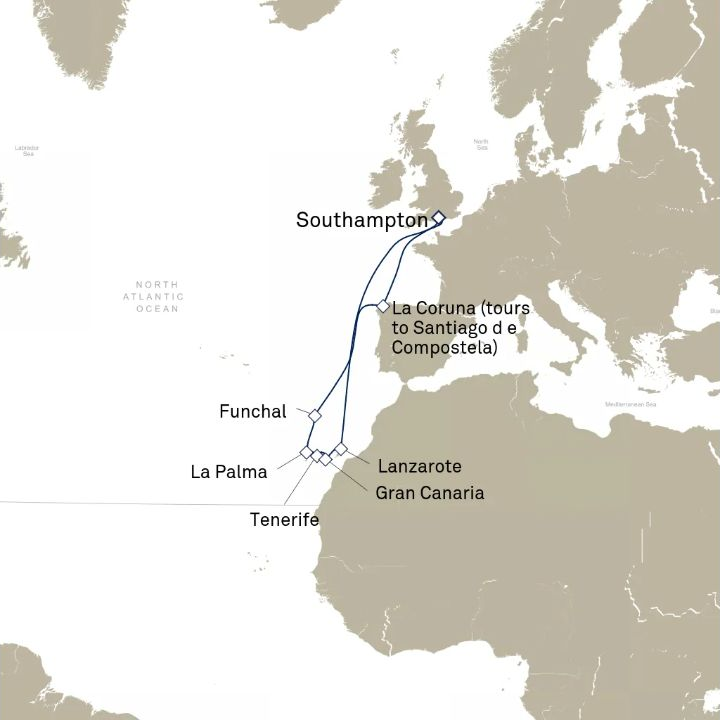 Queen Anne Voyage H901 itinerary map from Southampton, England, UK to Southampton, England, UK