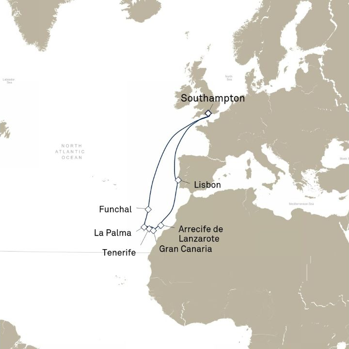 Queen Anne Voyage H838 itinerary map from Southampton, England, UK to Southampton, England, UK