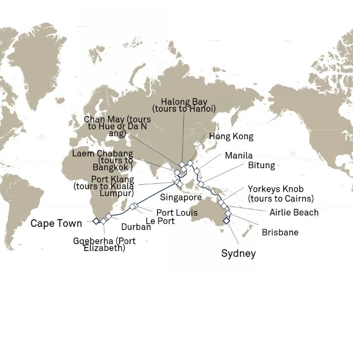 Queen Anne Voyage H806B itinerary map from Sydney, NSW, Australia to Cape Town, South Africa
