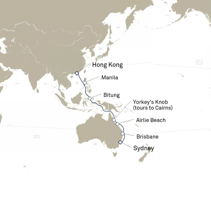 Queen Anne Voyage H806 itinerary map from Sydney, NSW, Australia to Hong Kong, China