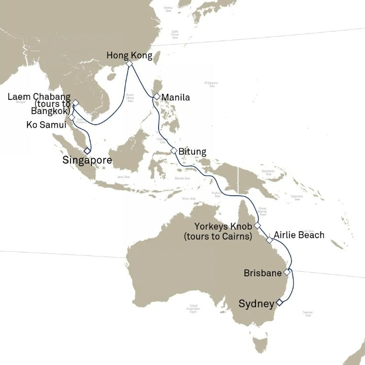 Queen Anne Voyage H806A itinerary map from Sydney, NSW, Australia to Singapore