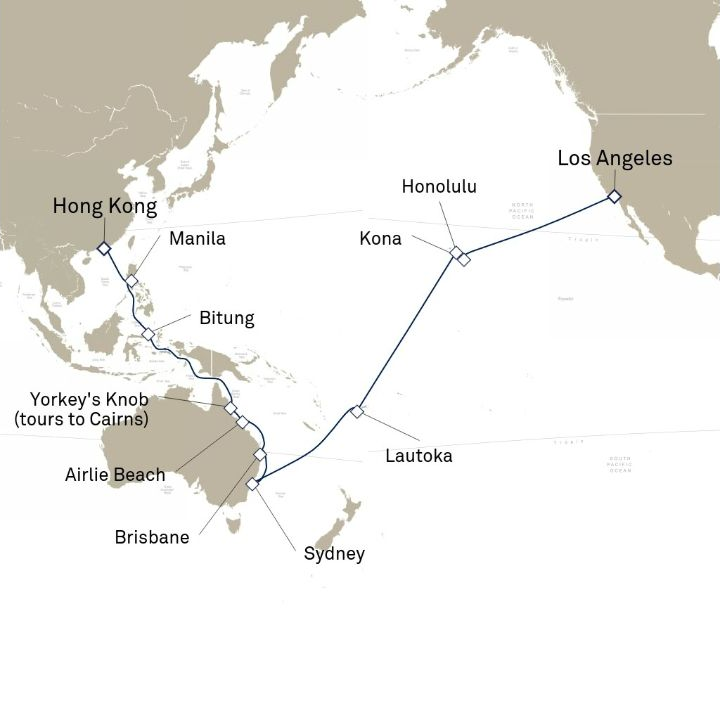 Queen Anne Voyage H805A itinerary map from Los Angeles, CA, USA to Hong Kong, China