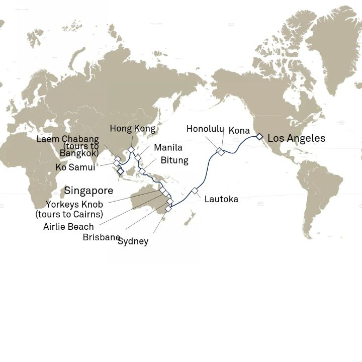 Queen Anne Voyage H805B itinerary map from Los Angeles, CA, USA to Singapore